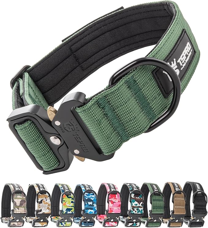 TSPRO Dog Collar, Nylon Heavy Duty Quick-Release Adjustable Dog Collar with Magic Name Tape, USA Flag Patch, D-Ring, for Small to Extra Large Dogs (Green, Size M or L)