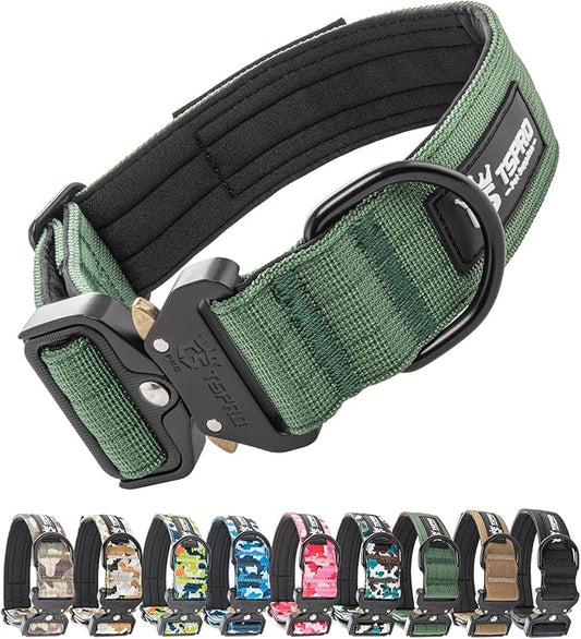 TSPRO Dog Collar, Nylon Heavy Duty Quick-Release Adjustable Dog Collar with Magic Name Tape, USA Flag Patch, D-Ring, for Small to Extra Large Dogs (Green, Size M or L)