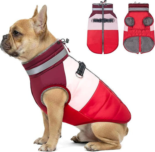 azuza Dog Jacket Waterproof Winter Coat for Small Dogs, Warm Fleece Vest with Reflective Strips & Built-in Harness, Windproof Back Zipper, Red S
