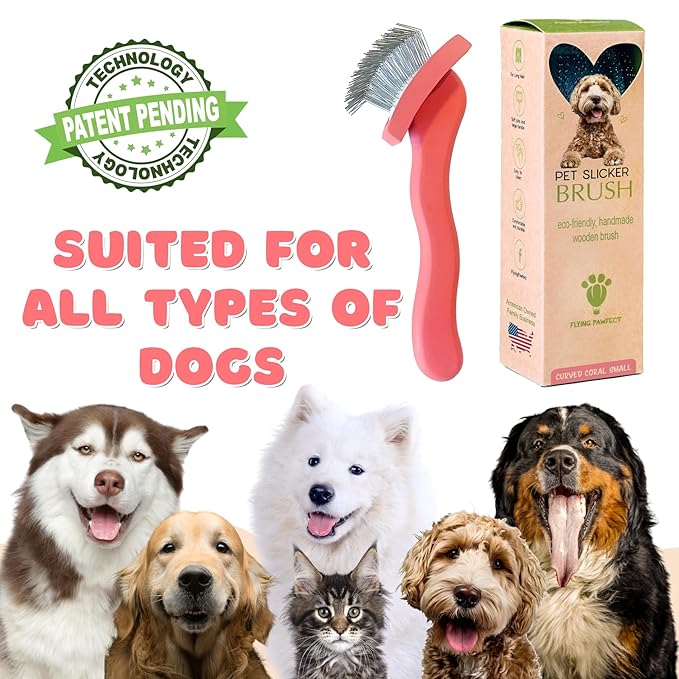 Pet Slicker Brush With Soft Massage Grooming Stainless Steel Pins - For Dematting, Shedding Fur, and Undercoat - Ideal Gift for Professional Pet Groomers - Long Slicker Brush (Coral, Curved Small)