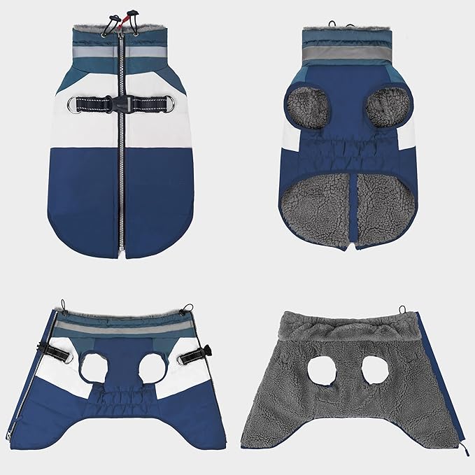 azuza Dog Coats for Large Dogs Waterproof Dog Coat with Reflective Strips and Harness Built in Warm Fleece Dogs Winter Coat Windproof with Back Zipper, Navy 3XL