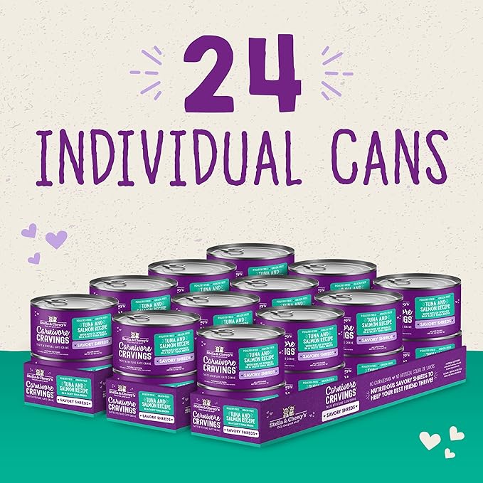 Stella & Chewy's Carnivore Cravings Savory Shreds - Wet Cat Food - High-Moisture Formula with Premium Real Meat - Perfect for Picky Eaters - Tuna & Salmon Recipe, 5.2 oz, 24 Count