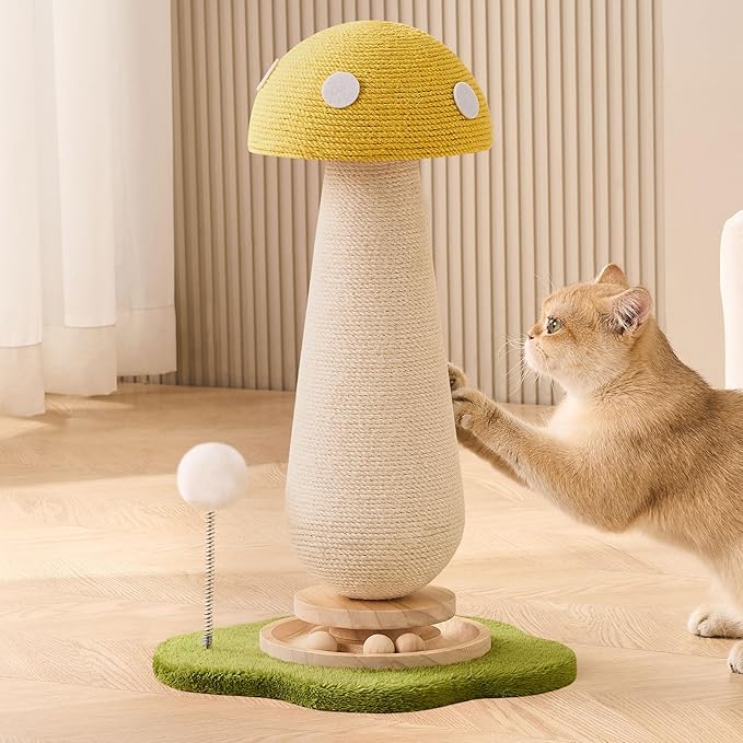 Mushroom Cat Scratching Post Cat Tree, 21.5‘’ H Cute Cat Scratcher Tower with Durable Solid Wood Turntable Toy, Lemon Yellow Mushroom Scratch Post Cat Sisal Scratcher with Catnip for Indoor Cats