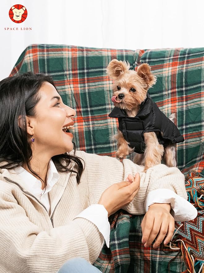 SPACE LION Dog Puffer Jacket, Down Winter Coat, Durable Outdoor Coat for Cold and Windy Conditions, Lightweight & Adjustable Fit Coats for Small Dogs, (Khaki, Size8/XS)