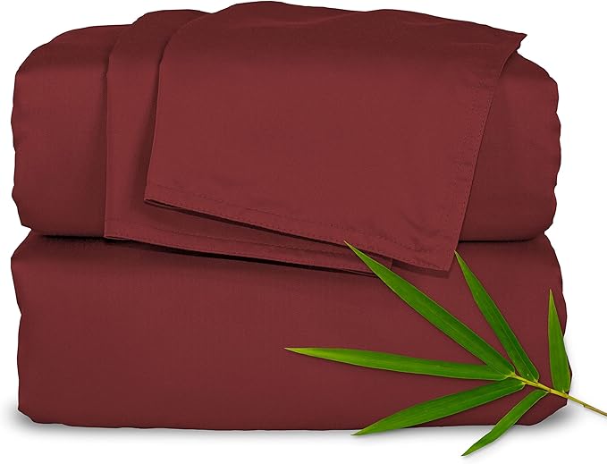 Pure Bamboo Split King Sheets, Genuine 100% Organic Viscose Derived from Bamboo Bed Sheet Set, Soft & Cooling, Double Stitching, 2 Fitted Sheets (Split King, Merlot)