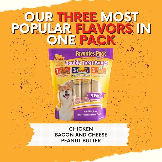 Ultra Chewy Double Treat Bones Favorites, Dog Treats, Made in The USA, Healthy Treats, Easy to Digest, Promotes Dental Health (Assorted Flavors, 1 Pack/9 Bones Per Pack)