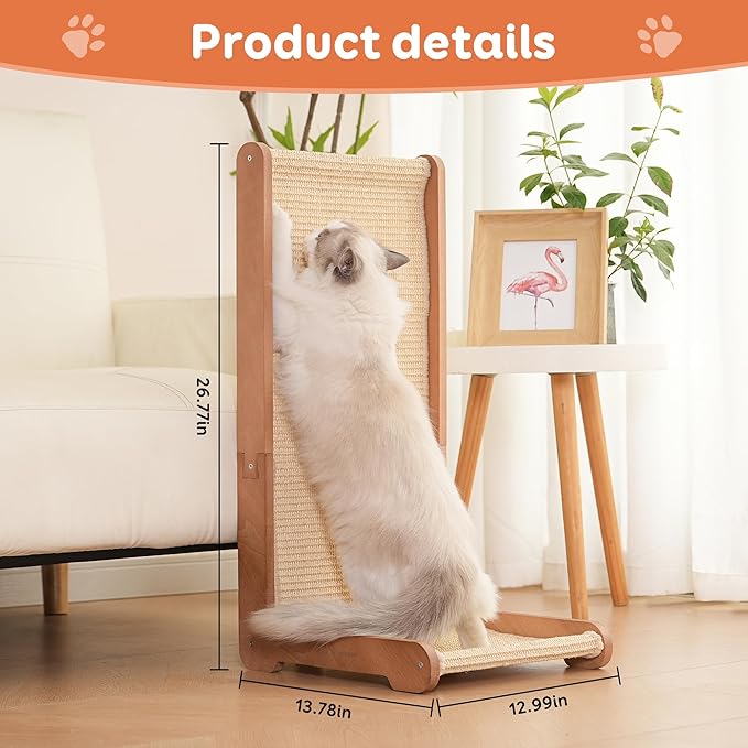Cat Scratching Post - Beechwood Base, 26.8" Natural Sisal Woven Cat Scratch Pad, Cat Scratching Board,Durable Cat Scratcher for Indoor Cat, Furniture Protector for Cats' Clawing and Play