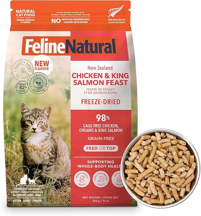 Feline Natural Freeze Dried Cat Food - Grain-Free and High Protein Cat Food from New Zealand, Complete Meal or Topper for Kittens, Adults, and Senior Cats, Chicken and King Salmon, 320g