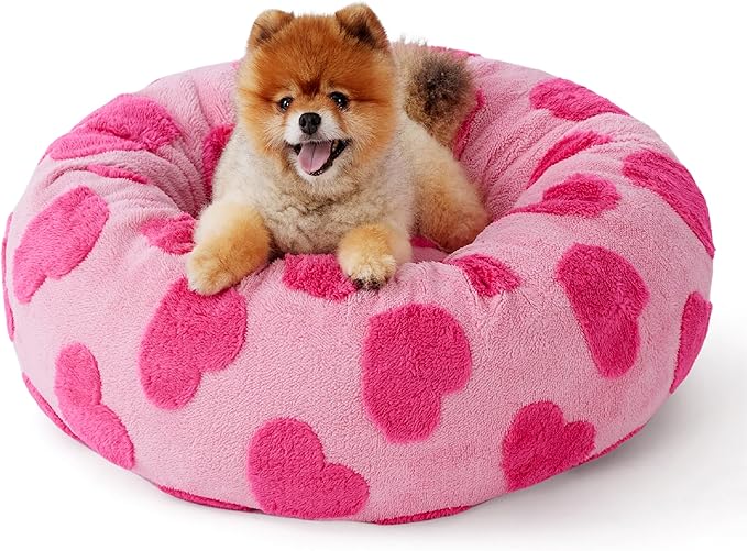 LE SURE Donut Small Dog Bed - Round Cat Beds Indoor Anti-Anxiety Calming Gift for Pets, Washable Cute Modern Beds with Jacquard Shaggy Plush & Anti Slip Bottom, 23 Inch, Heart Pink