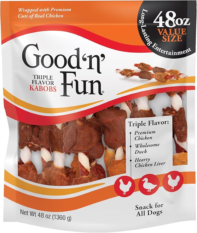 Good ’n’ Fun Triple Flavor Kabobs 48 Ounce, Rawhide Snack for All Dogs, 48 Oz (Pack of 4)