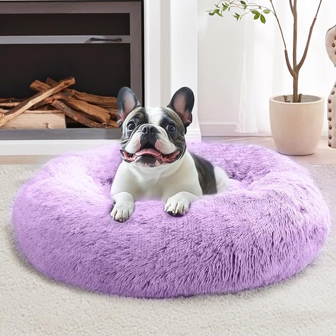 JOLLYVOGUE Calming Dog Bed Medium Size Dog, Anti-Anxiety Donut Medium Pet Bed, 31 inches Fluffy Faux Fur Round Cat Bed, Fits up to 45 lbs Pets (Purple)