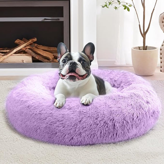 JOLLYVOGUE Calming Dog Bed Medium Size Dog, Anti-Anxiety Donut Medium Pet Bed, 31 inches Fluffy Faux Fur Round Cat Bed, Fits up to 45 lbs Pets (Purple)