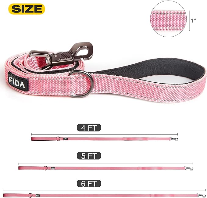 Fida 5 FT Heavy Duty Dog Leash with 2 Comfortable Padded Handles, Traffic Handle & Advanced Easy Snap Hook, Reflective Walking Lead for Large, Medium & Small Breed Dogs, Pink