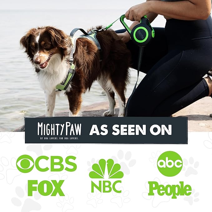 Mighty Paw Retractable Dog Leash 2.0 | 16' Heavy Duty Reflective Nylon Tape Lead for Pets up to 0-50 lbs. Tangle Free Design W/One Touch Quick-Lock Braking System & Anti-Slip Handle (Green/Lite)