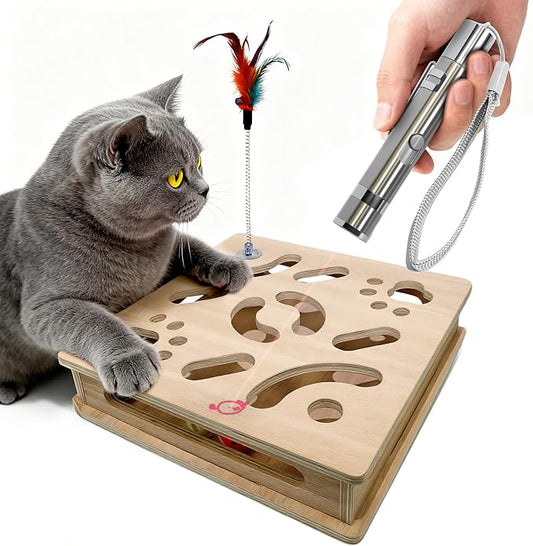 Cat Toy Set - Include 1 Interactive Wooden Puzzle Cat Toy Box & 7 in 1 Modes Adjustable Laser Pointer, Indoor Hunting Exercise Play Toy to Stimulate Your Cat’s Energy and Instincts