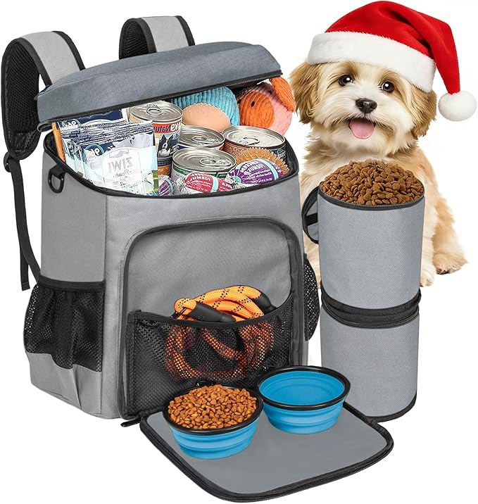 ANILD Dog Travel Backpack - Airline Approved Double-layer Pet Travel Backpack with 2 Food Storage Bag and 2 Foldable Silicone Bowls for Hiking & Camping