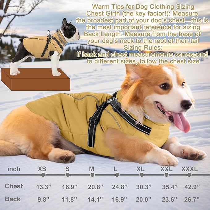 Fragralley Dog Coat with Harness Built in, Waterproof Windproof Reflective Warm Puffer Jacket, Fleece Lined Vest Winter Parka for Small, Medium, Large Dogs