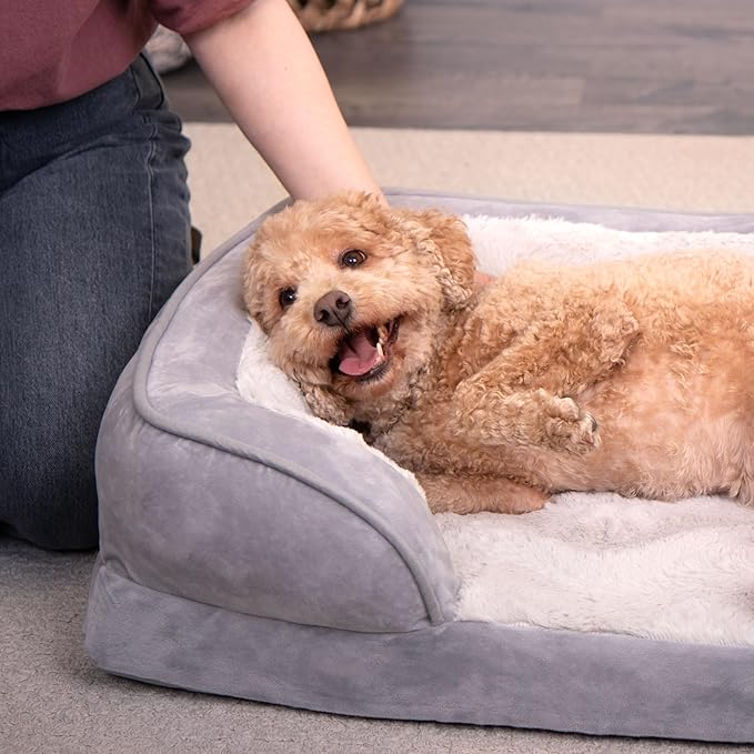 Furhaven Cooling Gel Dog Bed for Medium/Small Dogs w/ Removable Bolsters & Washable Cover, For Dogs Up to 35 lbs - Plush & Velvet Waves Perfect Comfort Sofa - Granite Gray, Medium