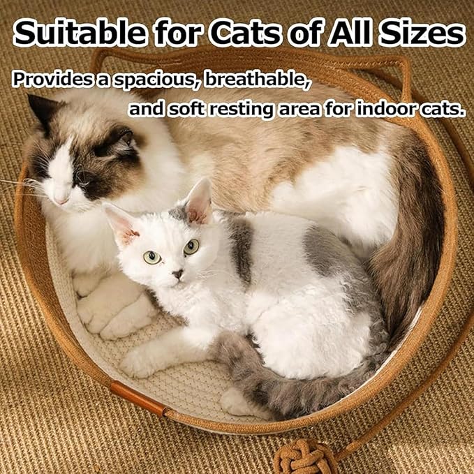 Instinct Basket, Stimulicat Cat Bed, Stimulicat Cat Bed Rope Cotton with Cushion, Eliminates Bed Rejection Round Pet Basket, Boho Catbed for Cats Handwoven Scratchable Breathable Weave (Large-A)