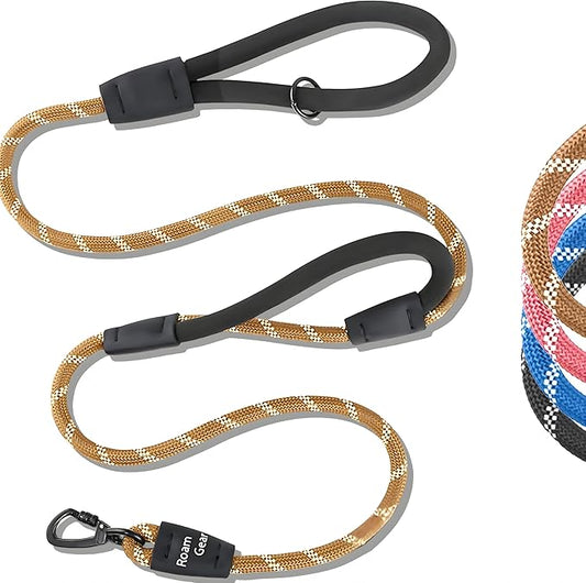 6 Foot Dog Leash, Two Extra Padded Handles, Locking Carabiner Clip, Reflective for Night Visibility, Weatherproof, Heavy Duty Rope Leash, Roam Gear (Brown)
