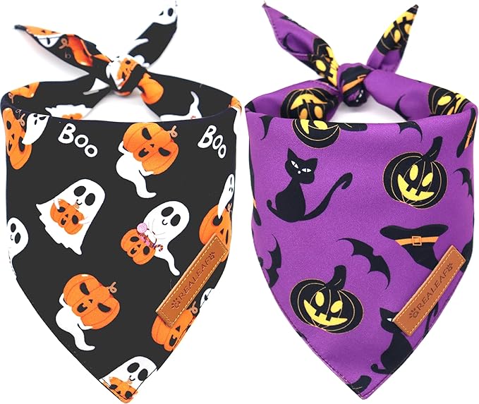Realeaf Halloween Dog Bandanas 2 Pack, Reversible Orange Pumpkin Pet Scarf for Boy and Girl, Premium Durable Fabric, Holiday Bandana for Small Medium Large and Extra Large Dogs (Small)