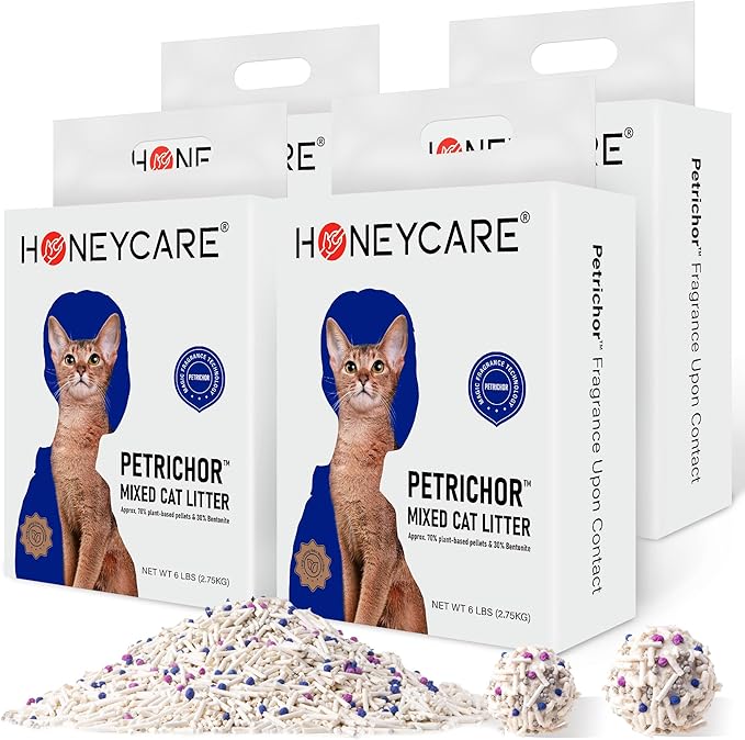 HONEY CARE Petrichor Mix Cat Litter I Tofu Cat Litter I Nature Plant-Based Pellets and Bentonite Sustainable I Low-Dust Qucik Clumping Superior Odor Control, 24-lbs Value Pack (6 lbs x 4)