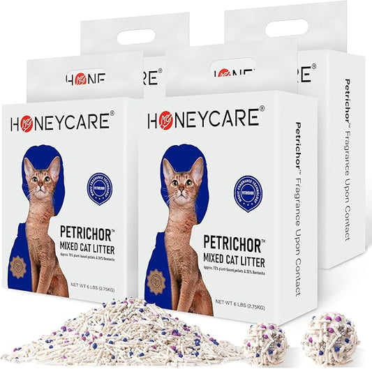 HONEY CARE Petrichor Mix Cat Litter I Tofu Cat Litter I Nature Plant-Based Pellets and Bentonite Sustainable I Low-Dust Qucik Clumping Superior Odor Control, 24-lbs Value Pack (6 lbs x 4)