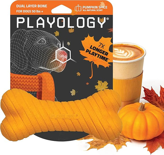 Playology Dog Toys | Dual Layer Bone Durable Chew Toy Bone for Dogs | Jumbo Pumpkin Spice Scented Toy - Easy to Clean and Made from Non Toxic Materials