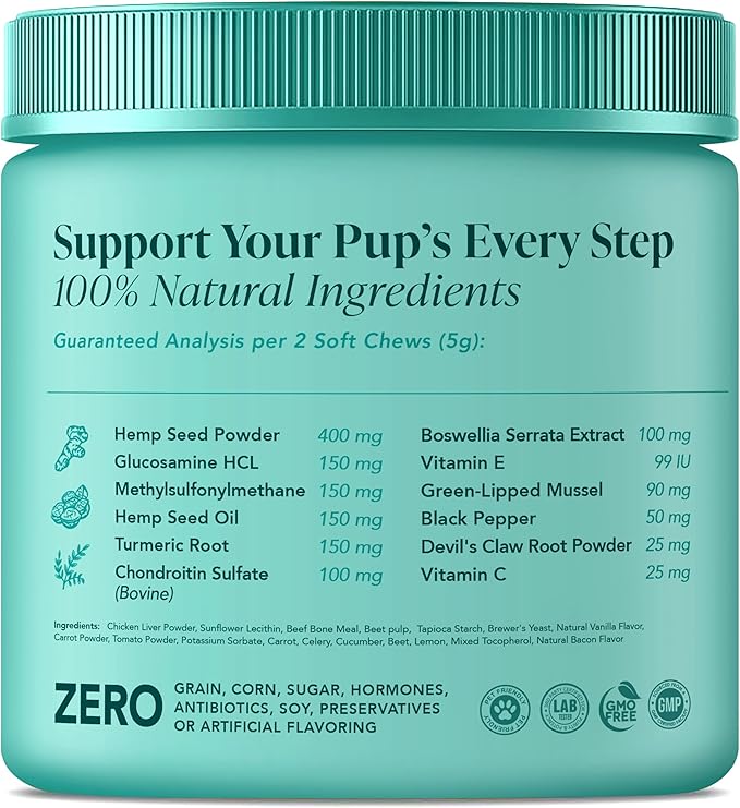 My Lil’ Nugget – Vet-Approved Hip and Joint Support for Dogs | All-Natural Dog Arthritis & Joint Pain Relief | Glucosamine, Chondroitin & Hemp | All-Ages – Senior Dog to Puppy | 90 Bacon Flavor Chews