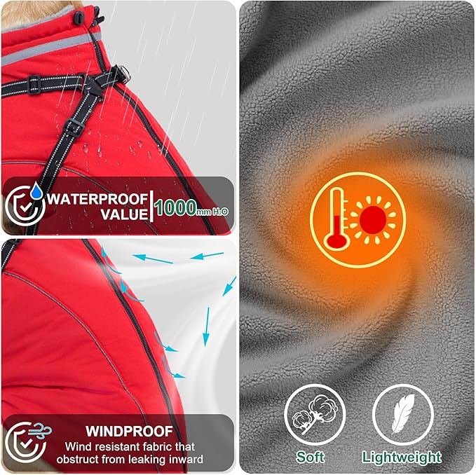 Fragralley Dog Coat with Harness Built in, Waterproof Windproof Reflective Warm Puffer Jacket, Fleece Lined Vest Winter Parka for Small, Medium, Large Dogs