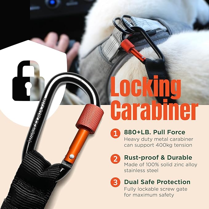 Dog Seat Belt for Car | Universal Dog Car Seatbelt | Durable Reflective Rope with Clip Hook Latch, Buckle and Carabiner- Safe and Secure Pet Safety Restraint (Black)
