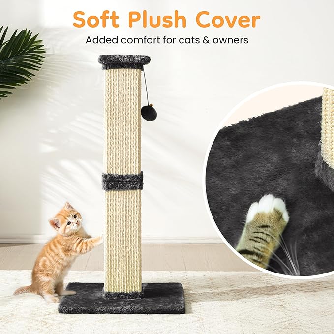 Indoor Cat Scratching Post: 32 in Tall Cat Scratcher with Natural Sisal Rope, Kitty Pet Tower with Sturdy Wood Base and Hanging Ball Toy, Great Gift for Small and Large Kittens, Dark Grey