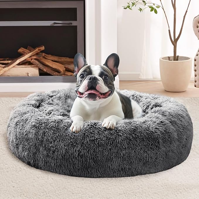 JOLLYVOGUE Calming Dog Bed for Small Dogs - 23 inches Donut Washable Small Dog Bed for Kittens & Puppies, Anti-Slip Round Fluffy Plush Faux Fur Cat Beds (Fits up to 25 lbs Pets, Smoke Black)