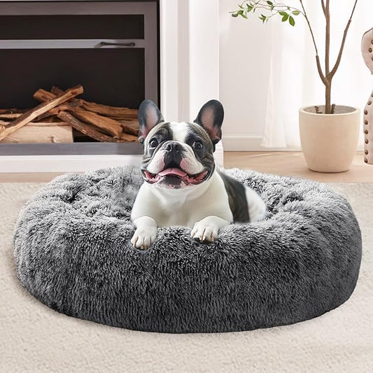 JOLLYVOGUE Calming Dog Bed for Small Dogs - 23 inches Donut Washable Small Dog Bed for Kittens & Puppies, Anti-Slip Round Fluffy Plush Faux Fur Cat Beds (Fits up to 25 lbs Pets, Smoke Black)