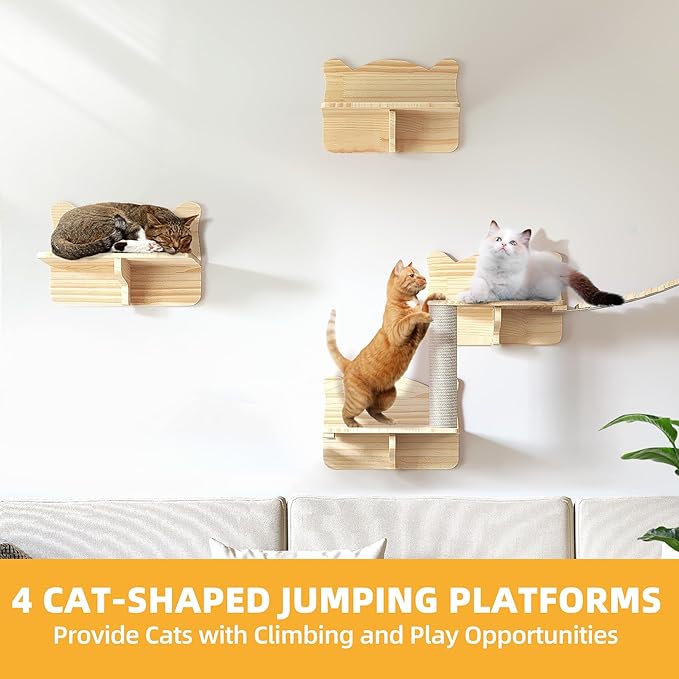 Cat Wall Shelves, 18-in-1 Solid Wood Wall-Mounted Cats Furniture Set with Scratching Post, Cat Climbing Wall Systems with 40''L Tunnel, Step, Condo, House, Bridge Ladder, Cats Shelf Furniture