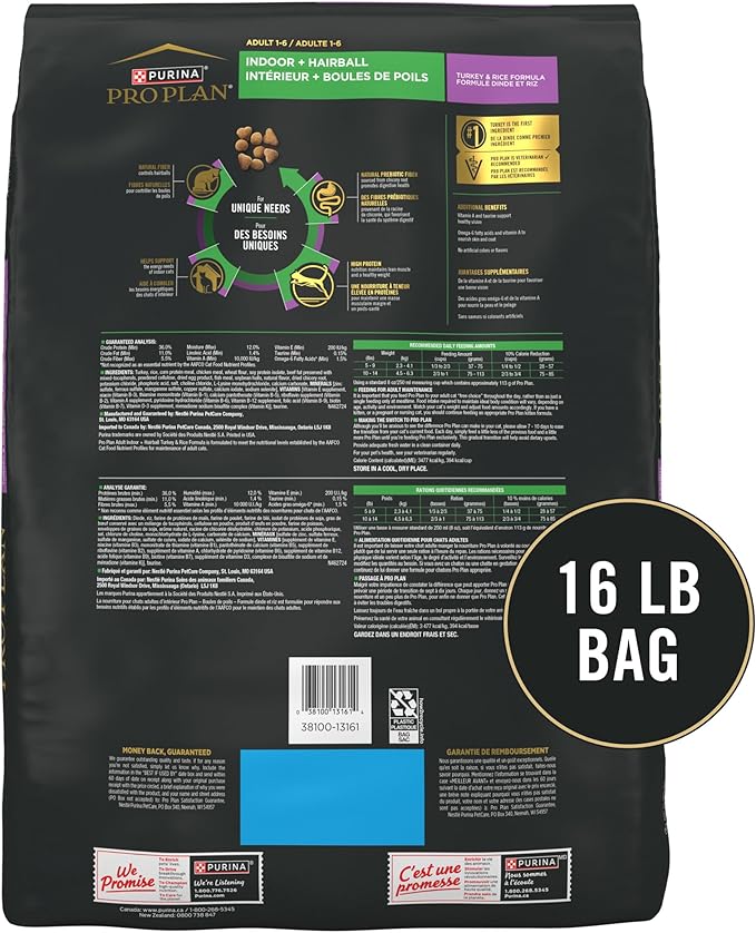 Purina Pro Plan Hairball Management, Indoor Cat Food, Turkey and Rice Formula - 16 lb. Bag