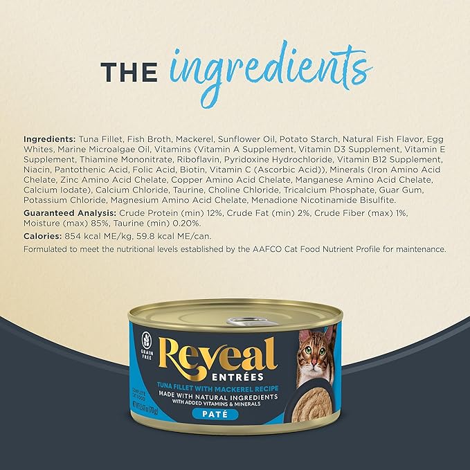Reveal Entrées Natural Wet Cat Food Paté, Grain-Free with Added Vitamins & Minerals, Carrageenan-Free and High Protein, Tuna Fillet with Mackerel Paté Recipe (24 x 2.47 oz Cans)