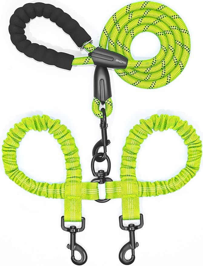iYoShop Dual Dog Leash - 360° Swivel, No Tangle Walking Leash with Shock Absorbing Bungee for Two Dogs (Large, 25-150 lbs, Green)