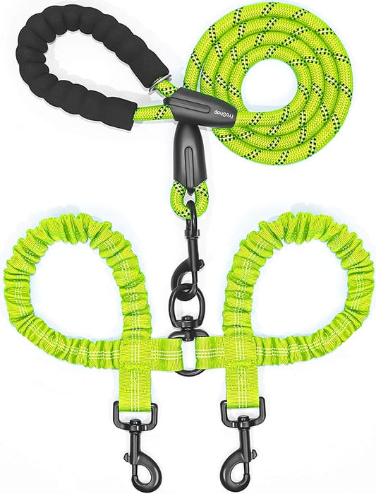 iYoShop Dual Dog Leash - 360° Swivel, No Tangle Walking Leash with Shock Absorbing Bungee for Two Dogs (Large, 25-150 lbs, Green)