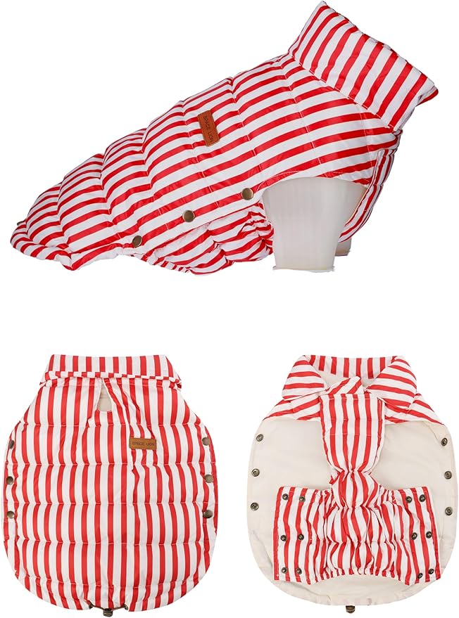 SPACE LION Dog Puffer Jacket, Down Winter Coat, Durable Outdoor Coat for Cold and Windy Conditions, Lightweight & Adjustable Fit Coats for Small & Medium Dogs, (RedStripe, Size 12 Gift Box)