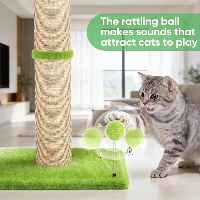 XiaZ Cat Scratching Post 34'' Tall, Cat Tower Scratcher Extra Wide 15.8" Stable Base with 4 Non-Slip Pads, 2 Toy Balls, Natural Sisal & Plush Fabric for Small Medium Large Cats (Green, 4.5in)
