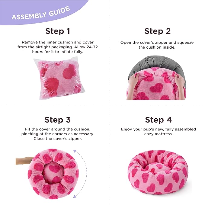 LE SURE Donut Small Dog Bed - Round Cat Beds Indoor Anti-Anxiety Calming Gift for Pets, Washable Cute Modern Beds with Jacquard Shaggy Plush & Anti Slip Bottom, 23 Inch, Heart Pink