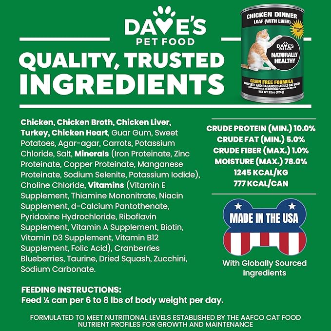 Dave's Pet Food Grain Free Wet Cat Food Pate (Chicken), Made in USA Naturally Healthy, Economy Size, Multi-Cat Families, Canned, 22 oz Cans (12 Pack)