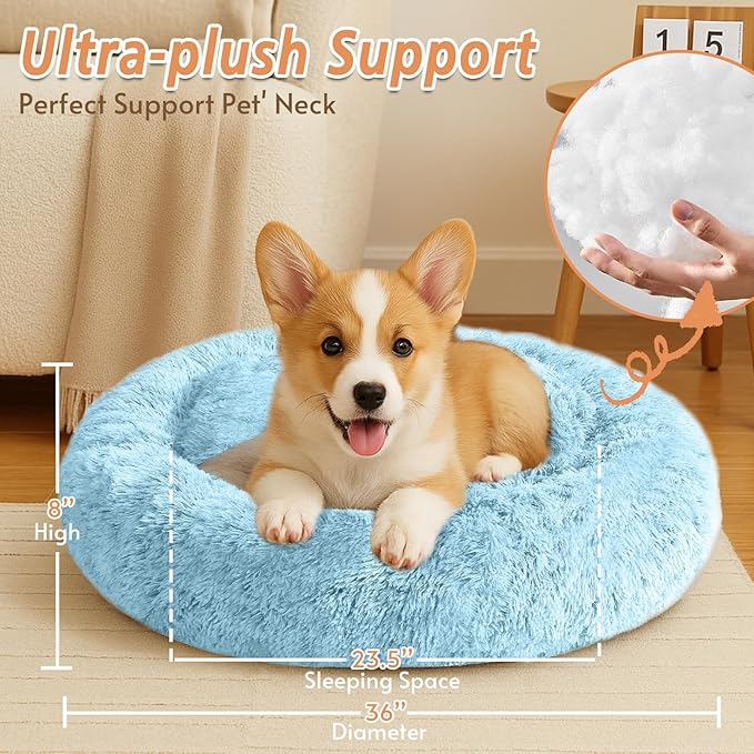 JOLLYVOGUE Calming Dog Bed Large Size Dog, Anti-Anxiety Donut Large Pet Bed, 36 inches Fluffy Faux Fur Round Cat Bed, Fits up to 75 lbs Pets (Light Blue)