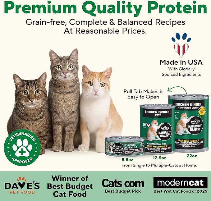 Dave's Pet Food Grain Free Wet Canned Cat Food Pate(Chicken), Made in USA Naturally Healthy, Wheat & Gluten-Free, 12.5 oz Cans (12 Pack)
