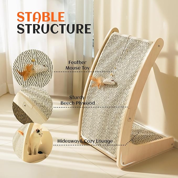 PETKARAY Cat Scratcher, Sisal Cat Scratch Pad, Curved Scratching Board for Indoor Kitty, Floor Mounted Scratcher with Mouse Toy Catnip