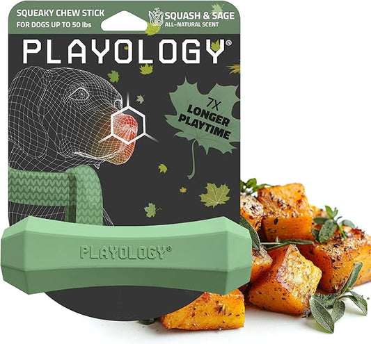Playology Dog Toys | Durable Squeaky Chew Stick for Dogs | Medium Butternut Squash & Sage Scented Toy - Limited Edition Fall Collection | Easy to Clean and Made from Non Toxic Materials