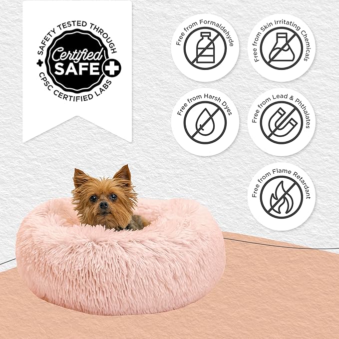 Best Friends by Sheri Original Calming Donut Dog and Cat Bed, Shag Faux Fur, Cotton Candy Pink, XS (18in x 18in) - Anxiety Relief for Pets Up to 10 lbs