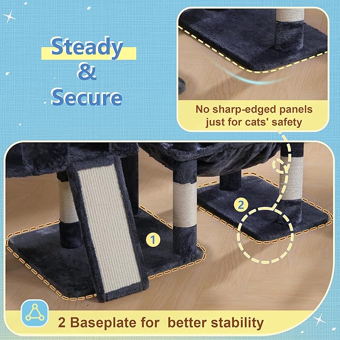 Hey-brother Cat Tree Tower, Scratching Posts with 3 Condos, Large Basket, Cozy Bed, Sisal Board, Step-by-Step Climbing Pathway and Toys, 74.8 inches Furniture for Big Indoor Cats, Smoky Gray MPJ081G