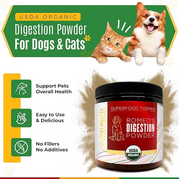 Ziggy Marley's USDA Organic Digestion Powder for Dogs & Cats - Bone Broth, Pumpkin, & 5 Gut Healthy Herbs - Pet Gut Health, 90 Grams